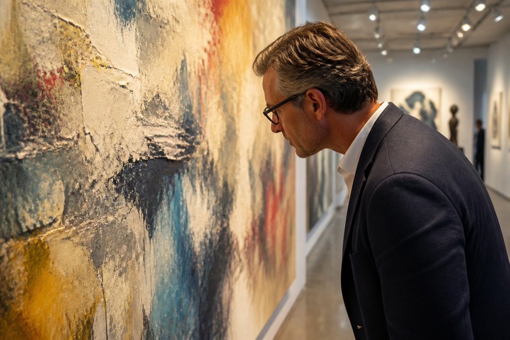 Collector examining an original abstract painting up close in a gallery setting, studying brushwork and texture details with careful attention, natural gallery lighting illuminating the canvas