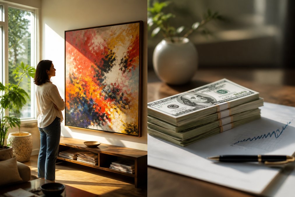 Person standing contemplatively in front of a vibrant abstract artwork in their living room, appearing emotionally moved by the piece, warm natural light from windows illuminating both the artwork and their face