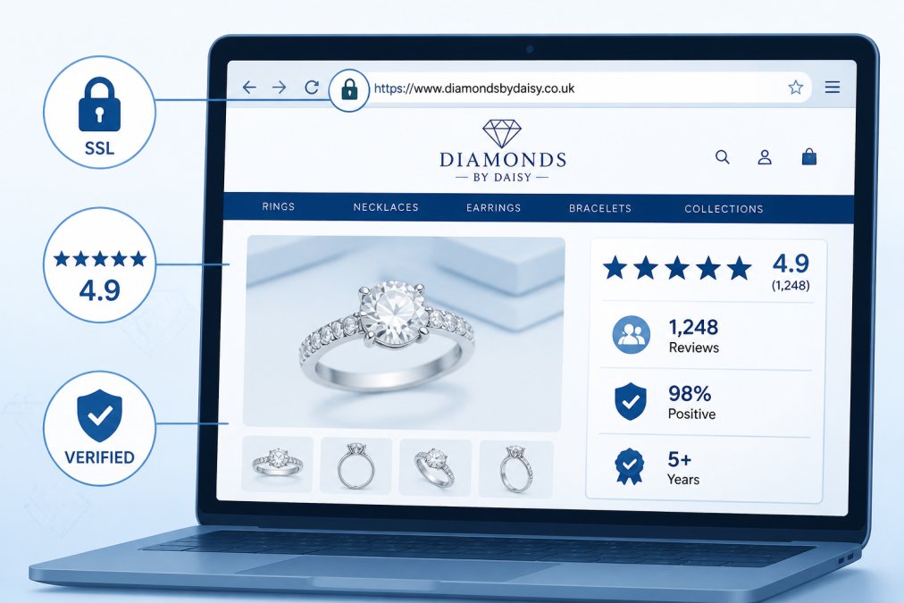 Close-up of a laptop screen displaying a fine jewelry website with SSL security certificate padlock icon visible in the address bar, customer review ratings displayed prominently, and professional product photography of a diamond ring