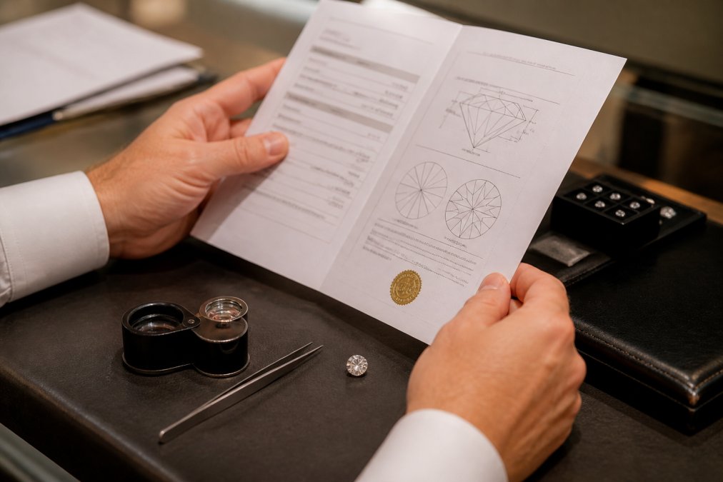 Hands holding a professional gemological grading report certificate next to a loose diamond, with magnification tools and grading documentation visible on a jeweller's workbench under bright lighting