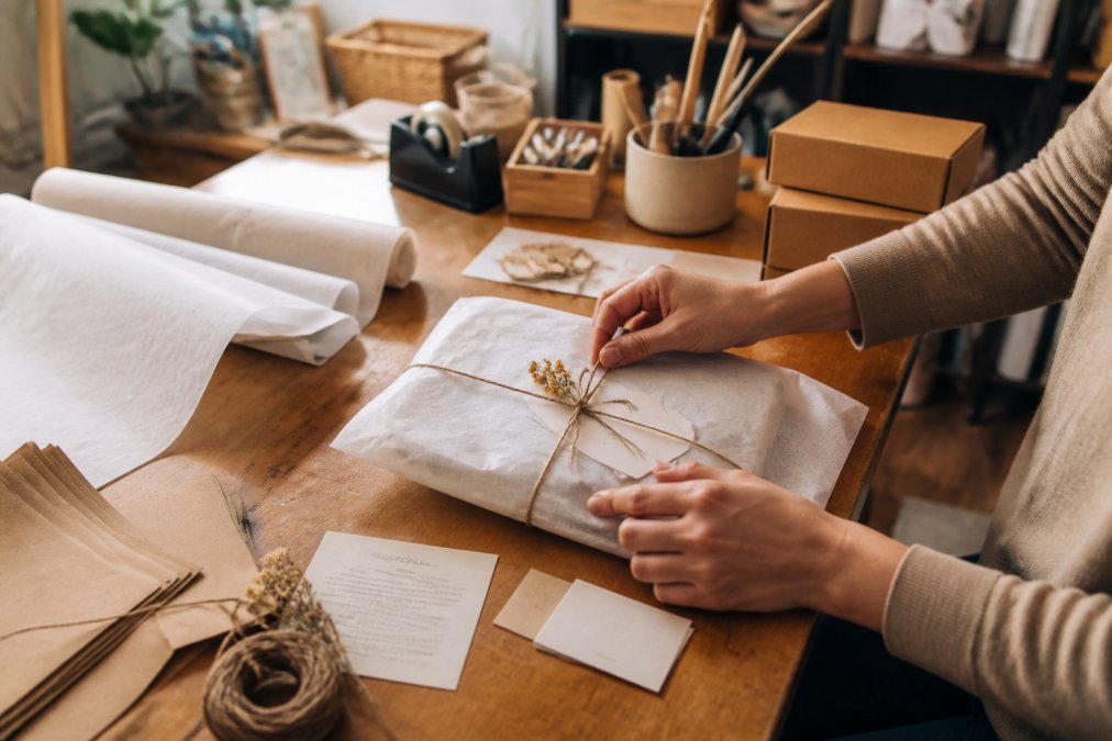 Hands carefully packing and wrapping a handmade art order in a small creative studio, with tissue paper, care instructions, and personalized notes visible, showing meticulous attention to detail and genuine craftsmanship