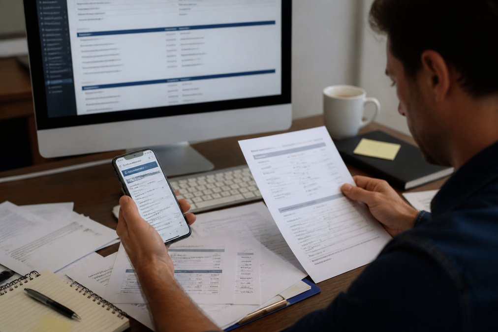 Person at a desk reviewing business verification documents on a computer screen, with a smartphone showing a company registration lookup page and papers spread across the workspace
