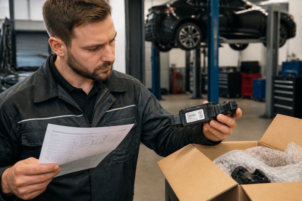 Step-by-step diagram illustrating how to verify authentic automotive component labels and packaging