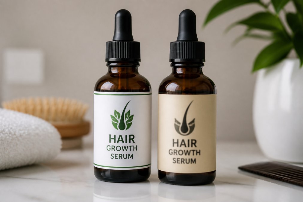 Close-up of two similar hair growth product bottles placed side by side on a clean white surface, one with sharp professional labeling and crisp text, the other with slightly blurry, misaligned text and off-color branding, photographed under bright studio lighting