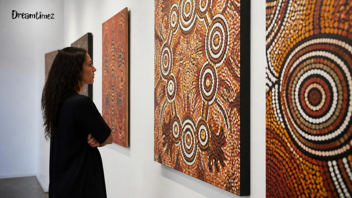A brightly lit gallery wall hung with several large dot-painted canvases in ochre and red, a visitor standing close to one work in quiet concentration