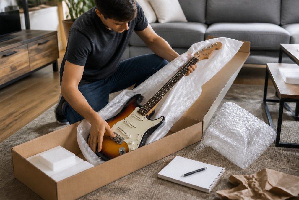 A person carefully unboxing a guitar from a sturdy cardboard shipping box on a living room floor, with packing materials and an inspection checklist nearby