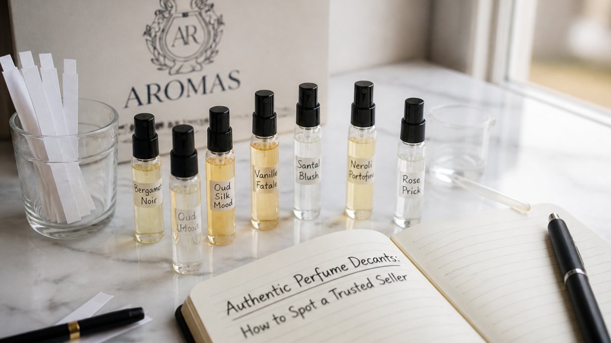 Close-up of several small glass perfume decant vials with handwritten labels arranged on a clean marble surface beside an open notebook and pen, soft natural window light