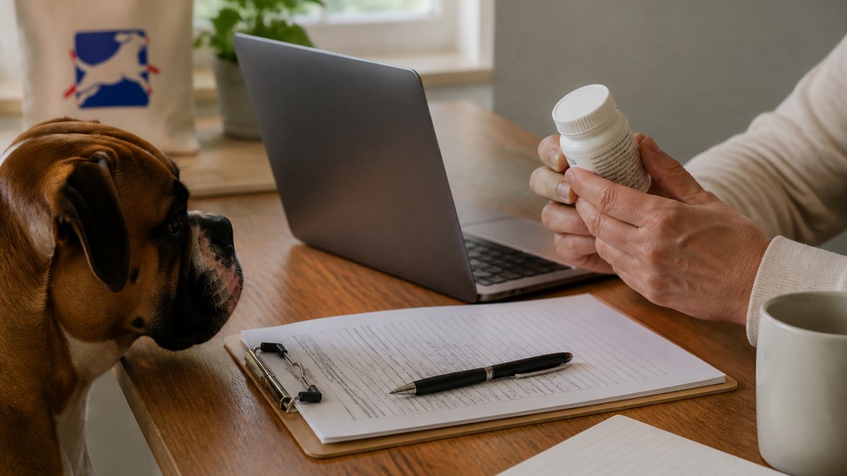 Close-up of a dog owner's hands holding a medication bottle while reviewing information on a laptop screen, with a veterinary prescription visible on the desk