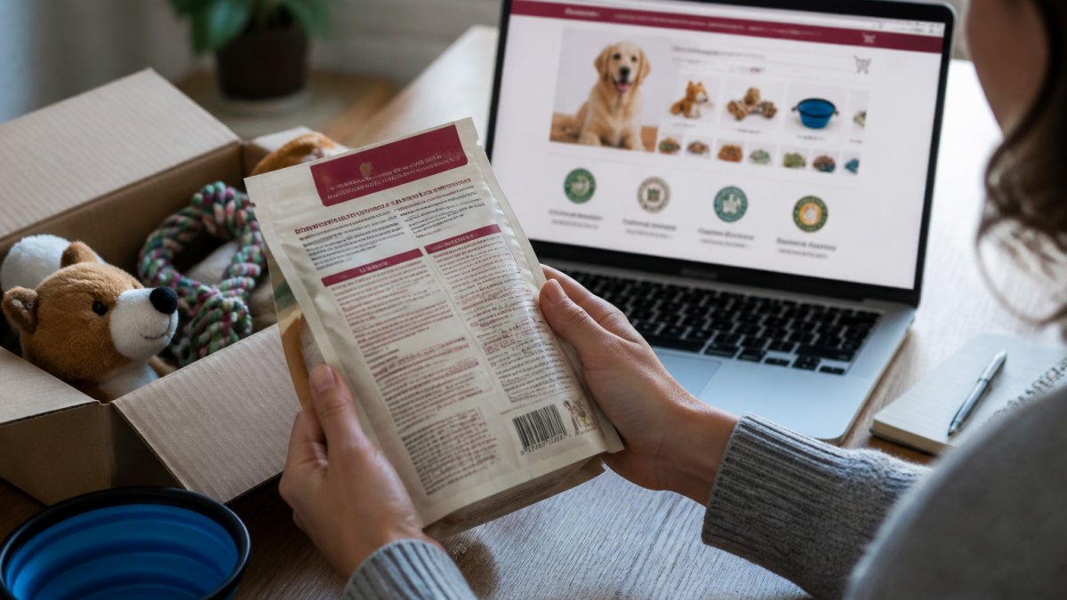 Close-up of person's hands holding a pet product while carefully reading the label, with a laptop showing a retailer website and trust badges visible in the background