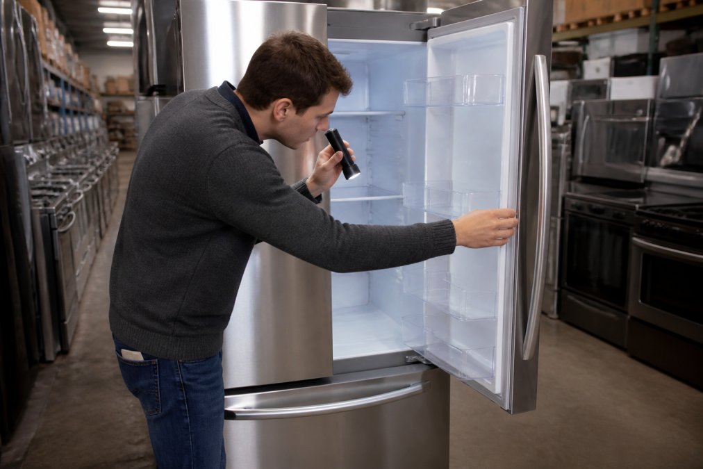 Person inspecting the door seal of refurbished kitchen appliances in a warehouse using a flashlight