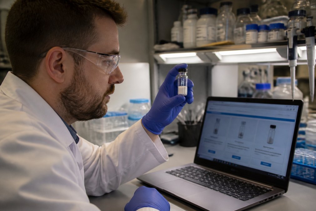 A laboratory scientist in nitrile gloves and safety glasses examining a small glass vial of white lyophilised powder beside a laptop displaying a supplier product page, cool overhead bench lighting