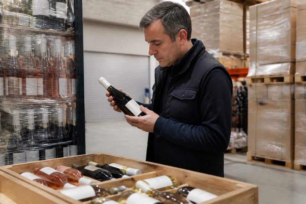 Wine buyer examining bottles in a warehouse or storage facility, carefully checking labels and vintage information on Portuguese and Italian wines with focused attention