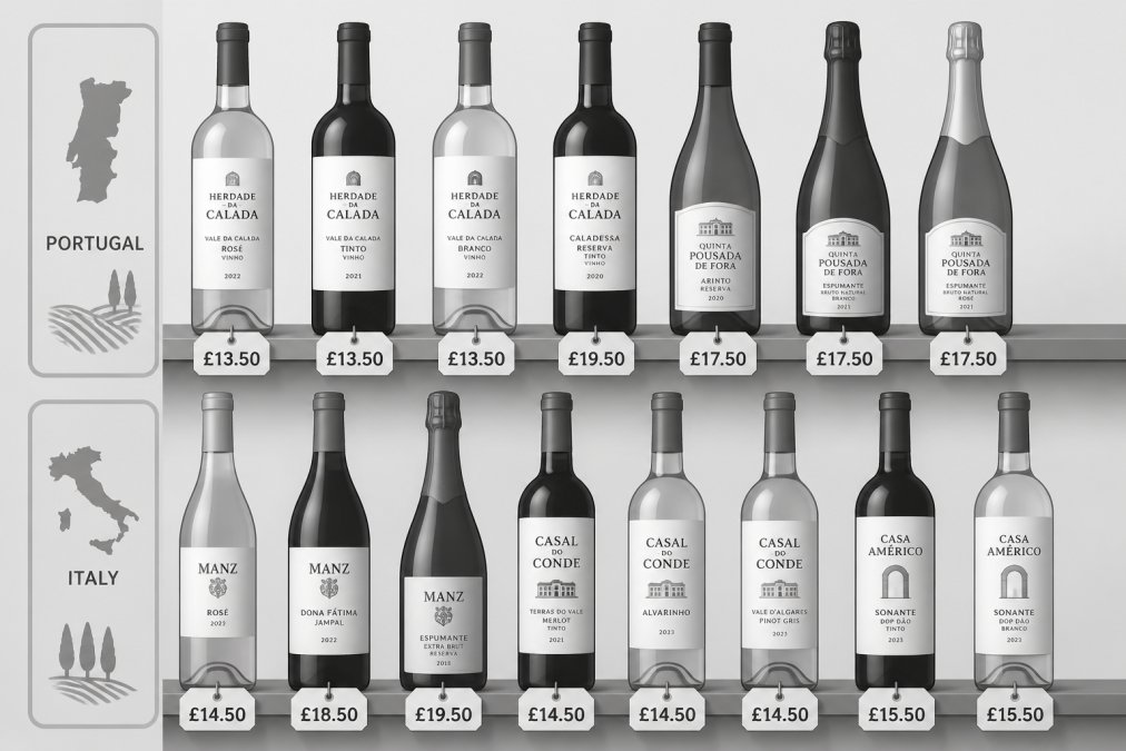 Close-up of wine bottles with price tags and labels, showing various Portuguese and Italian wines displayed on a shelf with clear vintage and producer information visible
