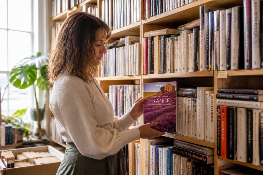 Person carefully browsing shelves of pre-loved books in a warm, well-lit independent bookshop, selecting titles and examining their condition with genuine interest, natural light highlighting the diverse collection