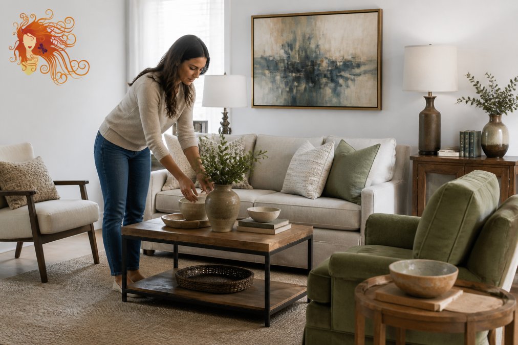 A staged living room with mixed used and budget-friendly furniture pieces arranged cohesively with neutral tones, layered lighting, and a clear focal point for potential buyers viewing the space