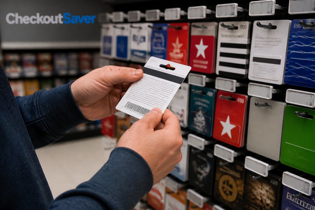 Shopper inspecting the back of a gift card in a retail store to avoid buying used gift cards from a display rack