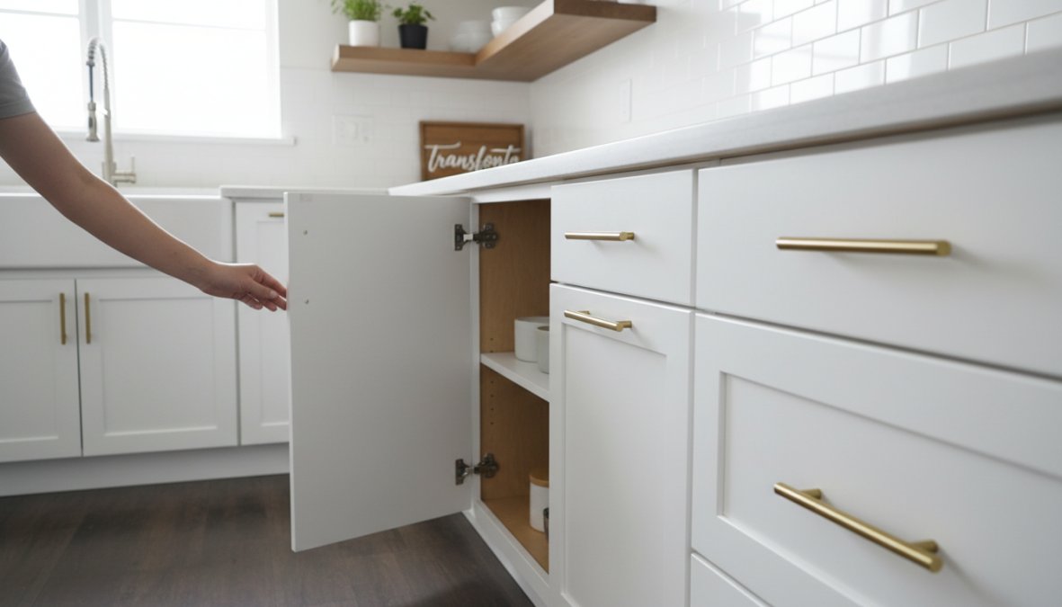 A bright, modern kitchen with freshly painted white cabinet doors and new hardware, showing a clean transformation from outdated wood-toned cabinets to a clean, contemporary style under warm overhead lighting
