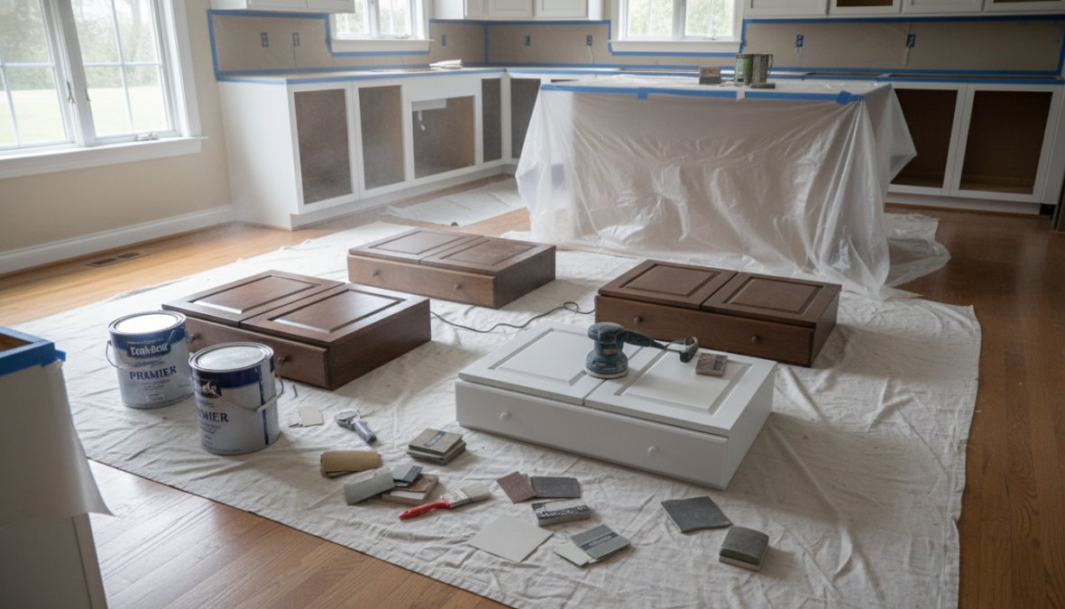 A professional painter in work clothes carefully spray-painting cabinet doors laid flat on a workbench in a well-lit workshop, with primer cans and sandpaper visible on the nearby table