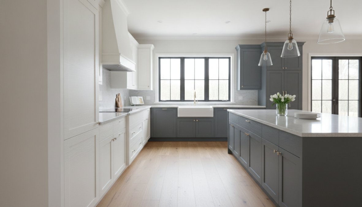 Modern kitchen with freshly refinished white and soft gray cabinets, stainless steel hardware, natural light streaming through windows showcasing the finished result
