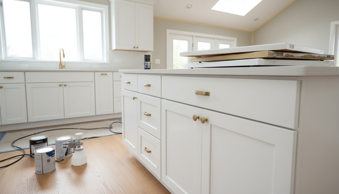 A bright, modern kitchen with freshly refinished white cabinets, clean hardware, and a smooth satin factory-like finish visible on cabinet door faces and drawer fronts, photographed in warm natural light