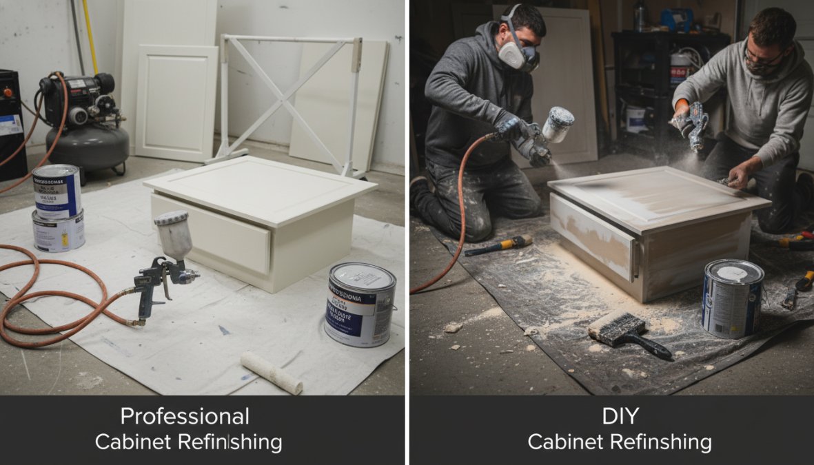 A professional painter in protective work gear using an HVLP spray gun to apply a smooth, even topcoat on kitchen cabinet doors laid flat on sawhorses in a well-lit workshop, with drop cloths covering the floor