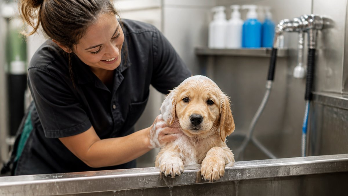 Groomer gently bathing a puppy in a calm, cage-free grooming space to show if is cage free grooming better for puppies