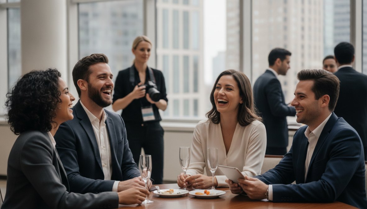 Professional photographer with a long zoom lens crouching unobtrusively at the edge of a corporate networking event, capturing two attendees sharing a genuine laugh over coffee in a bright modern conference hall