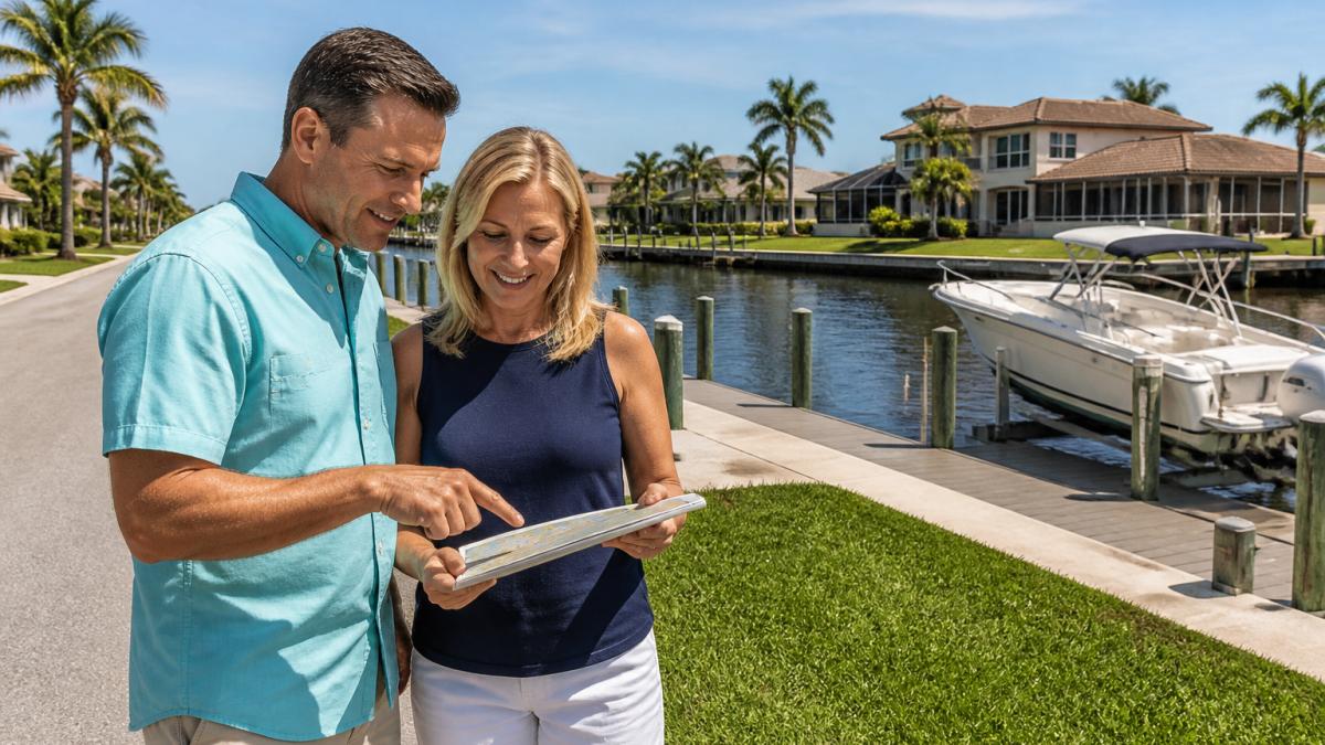 A couple reviewing a neighborhood map on a tablet while standing on a sunny canal-front street with waterfront homes and a docked boat in the background