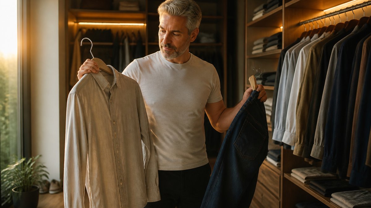 A man in his 50s standing in a tidy walk-in closet, holding a neutral button-down shirt and a pair of dark jeans, considering his options with a relaxed expression