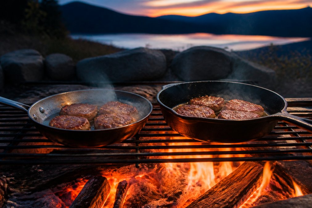 A carbon steel skillet and a cast iron pan side by side on a campfire grate, both with visible heat shimmer and food searing, outdoors at dusk with a firepit in the background