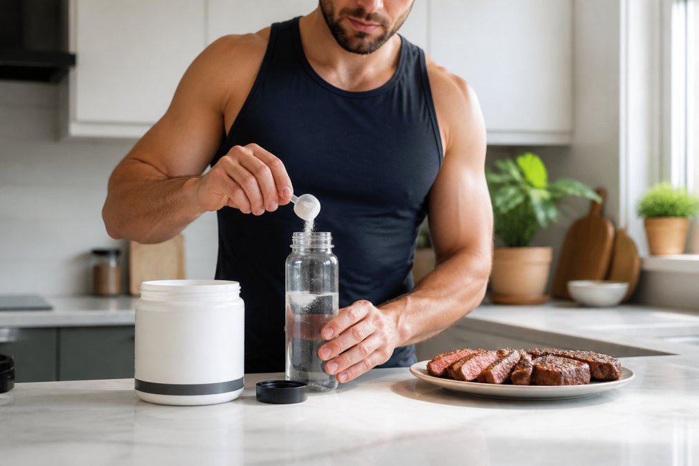 A person in athletic wear mixing a scoop of white electrolyte powder into a glass water bottle on a kitchen counter, with a container of electrolyte powder and a plate of sliced steak nearby in natural daylight