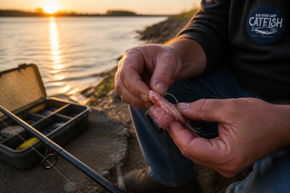 Close-up of a catfish angler's hands threading a chunk of cut carp onto a circle hook on a riverbank at golden hour, tackle box and rod visible in soft background light
