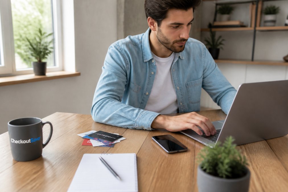 A person at a kitchen table with a laptop, smartphone, and a small stack of retail gift cards, entering a coupon code during an online checkout