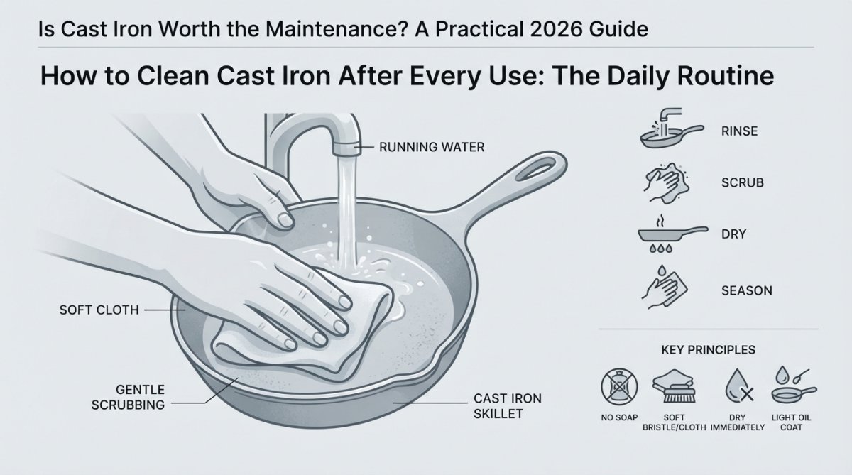 Close-up of hands cleaning a cast iron skillet under running water with a soft cloth, showing proper cleaning technique with warm soapy water