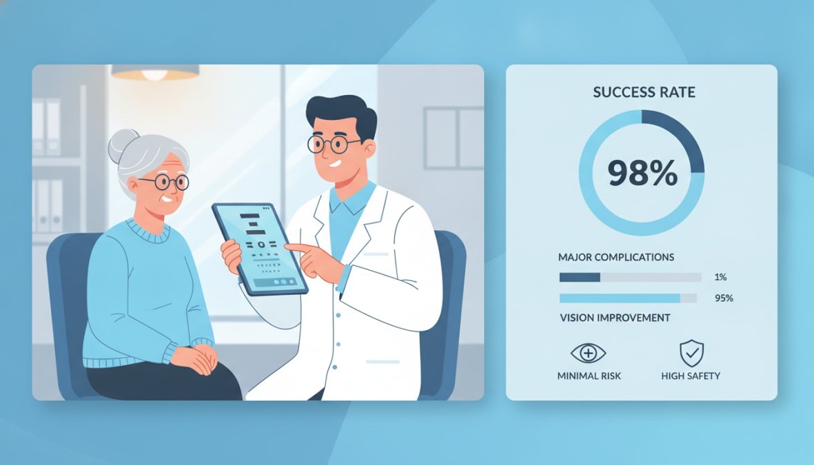 Elderly patient in consultation with an ophthalmologist reviewing eye health information in a modern medical office, warm lighting, doctor pointing to an eye chart on a tablet