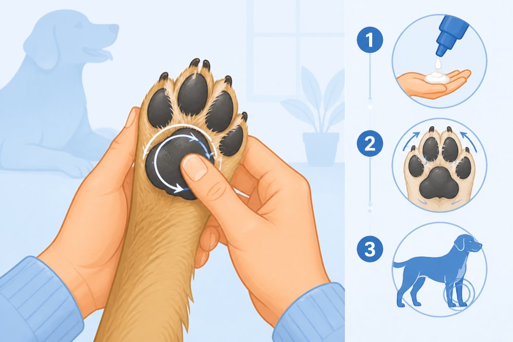 Pet owner's hands gently massaging CBD cream into a dog's front paw pad, showing proper circular massage technique between the toes with natural indoor lighting