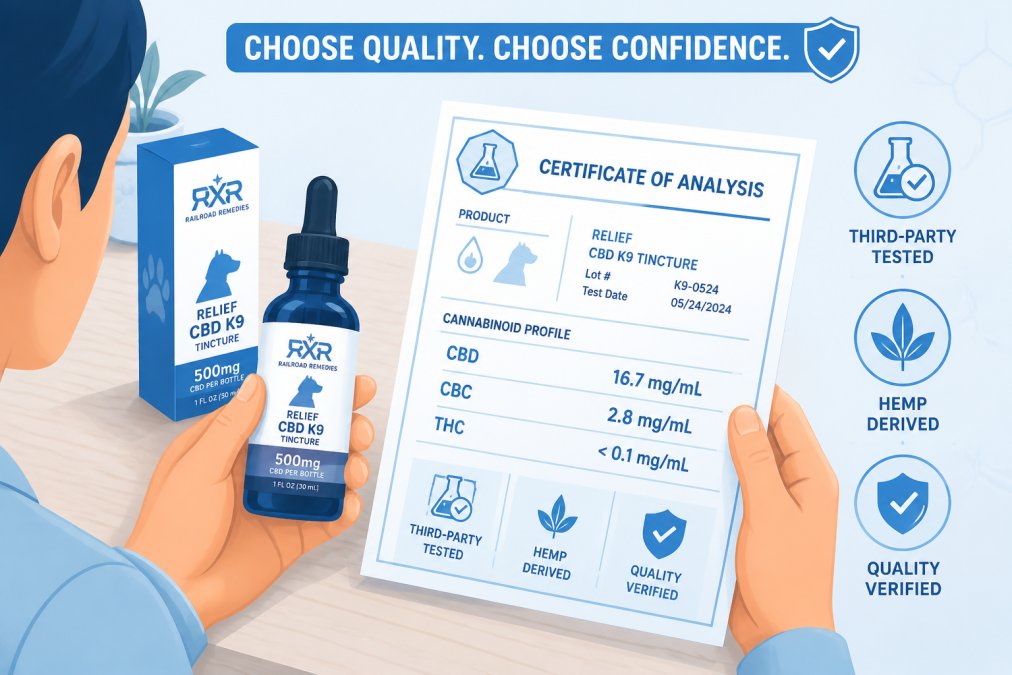 Pet owner examining a CBD product bottle and holding a printed certificate of analysis document on a light wood table with the product label visible
