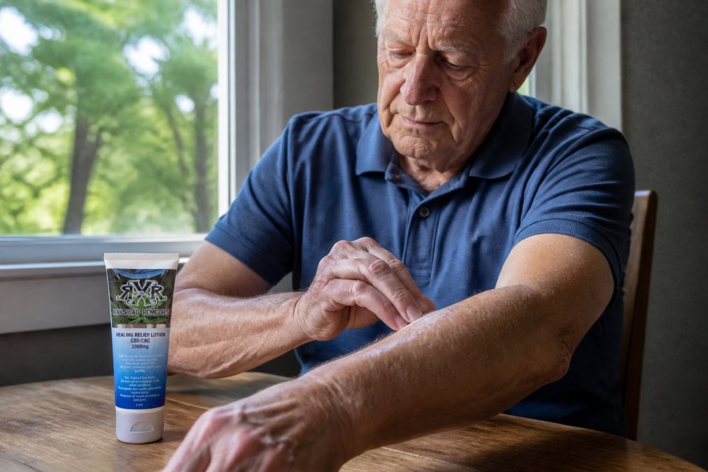 Older adult's hands carefully applying CBD lotion to forearm, showing the cream absorbing into skin with focused, calm expression in natural daylight