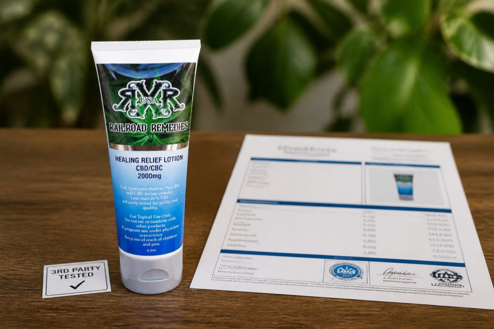 Close-up of premium CBD lotion bottle with certificate of analysis document and third-party testing label visible alongside it on clean surface