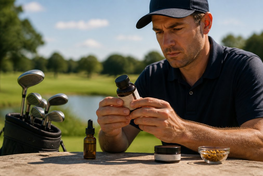 Golfer examining a CBD product bottle closely, reading the label for third-party testing certification and ingredient information in natural sunlight