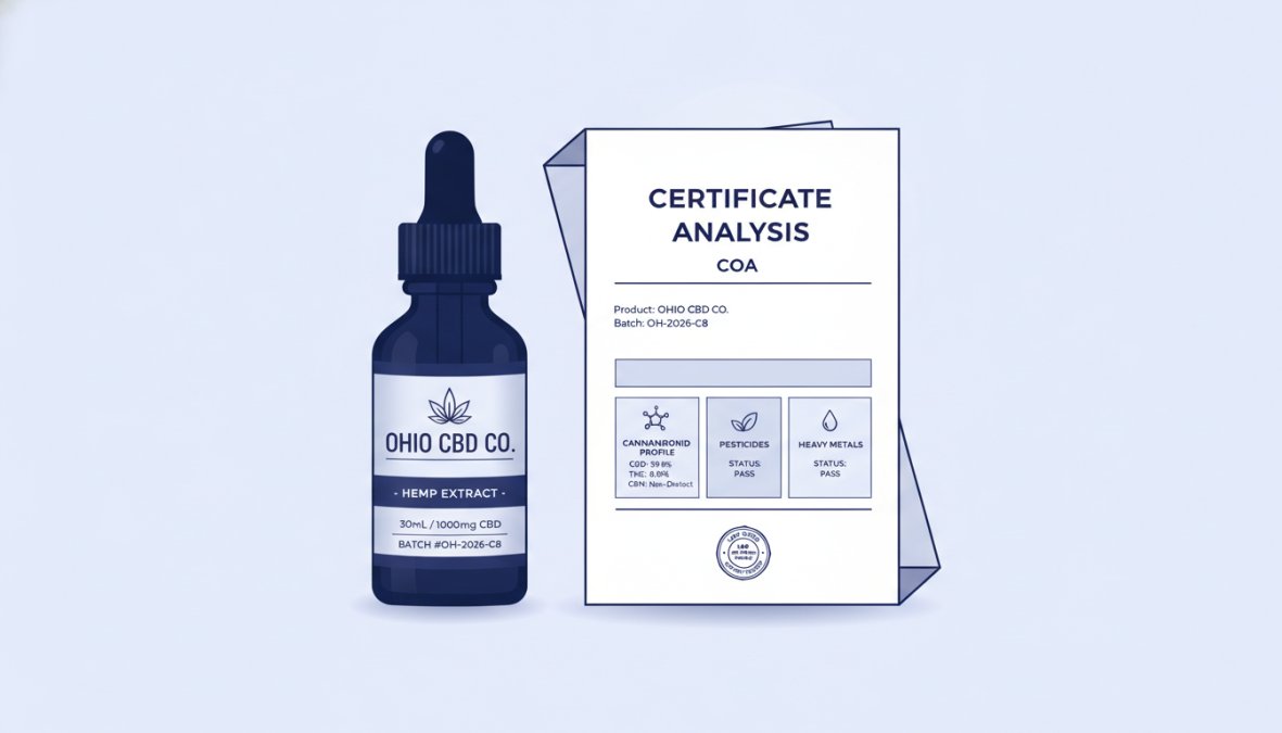 Close-up of a CBD product bottle with a Certificate of Analysis document displayed next to it on a clean white surface, showing product transparency and testing verification