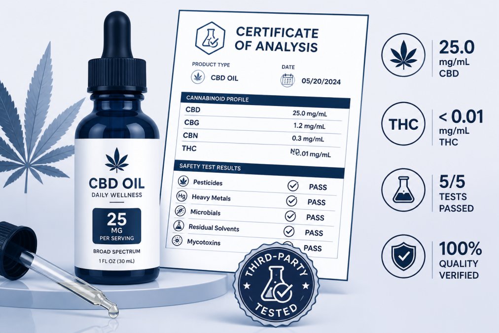 Close-up of a CBD oil bottle with a certificate of analysis document and third-party testing badge visible on the label, showing quality verification elements in professional lighting