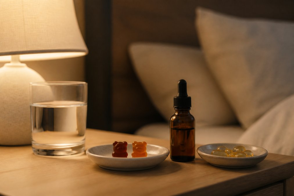 A nightstand scene with a glass of water, a small dish holding two gummy bears, and a dropper bottle of tincture, softly lit by a bedside lamp in a calm bedroom