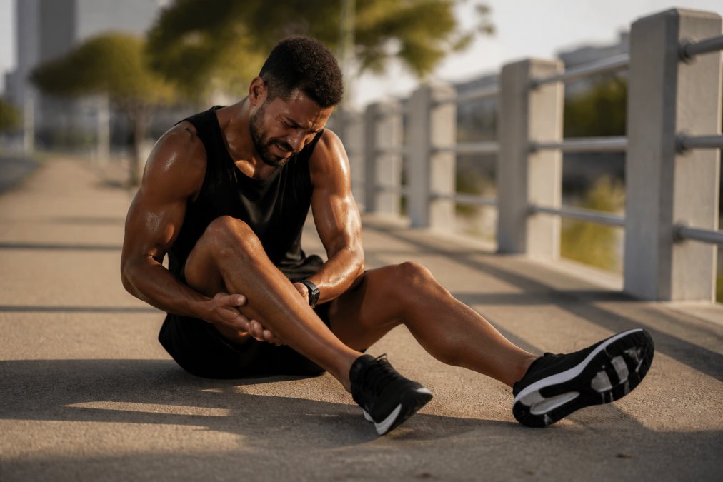 Marathon runner sitting on ground after a long run, stretching legs with visible muscle fatigue and soreness, outdoor setting with natural afternoon lighting
