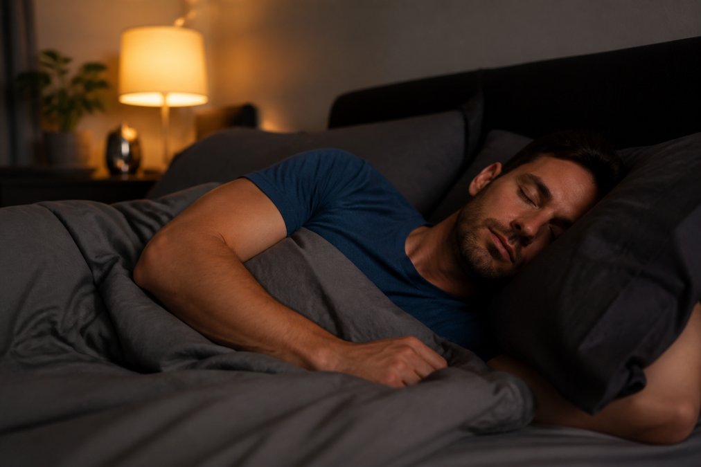 Athlete resting peacefully in bed at night with calm and relaxed expression, bedroom with soft warm lighting and comfortable bedding