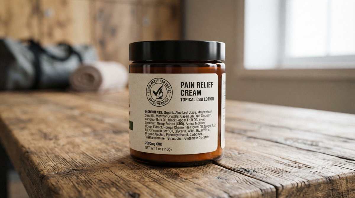 Close-up of CBD cream product label showing third-party testing seal and ingredient list on wooden surface with natural lighting