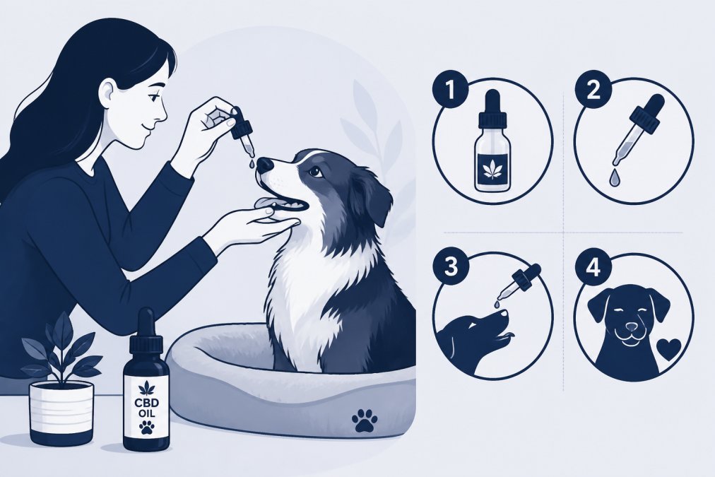 A pet owner's hands carefully administering CBD oil to a calm dog using a dropper, showing proper handling technique with the dog sitting calmly on a comfortable surface in natural lighting