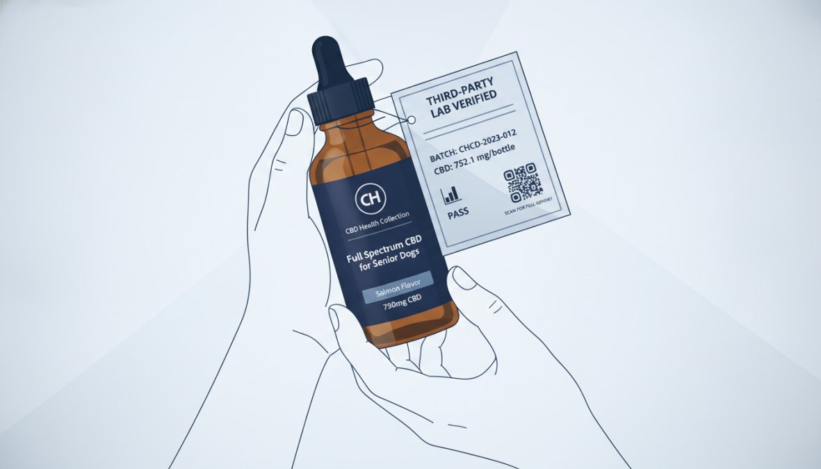 Close-up of hands holding a CBD pet product bottle with a third-party lab certificate visible on the packaging, showing label clarity and professional presentation