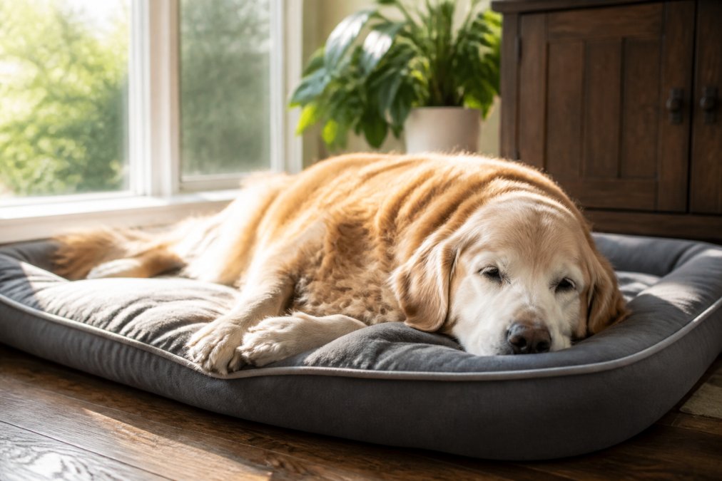 An older golden retriever resting peacefully on a soft orthopedic bed in natural sunlight from a window, appearing calm and comfortable