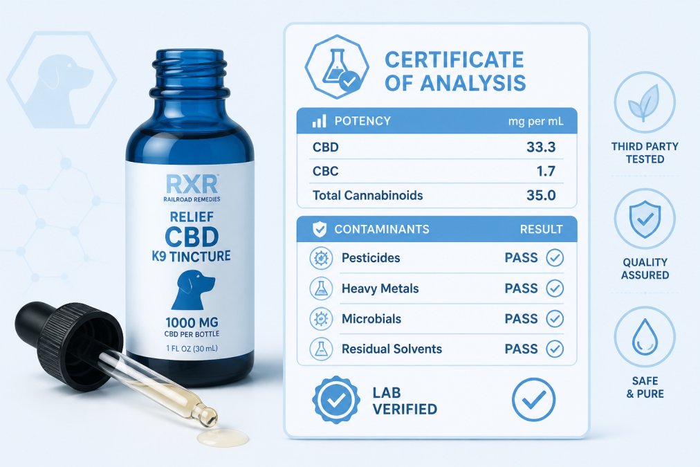 Close-up of a CBD tincture bottle with a dropper resting beside it, displaying a clear Certificate of Analysis label showing lab-verified potency and contaminant testing results on a white surface